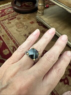 Black Cushion-Cut Gemstone Ring with Gold Accents